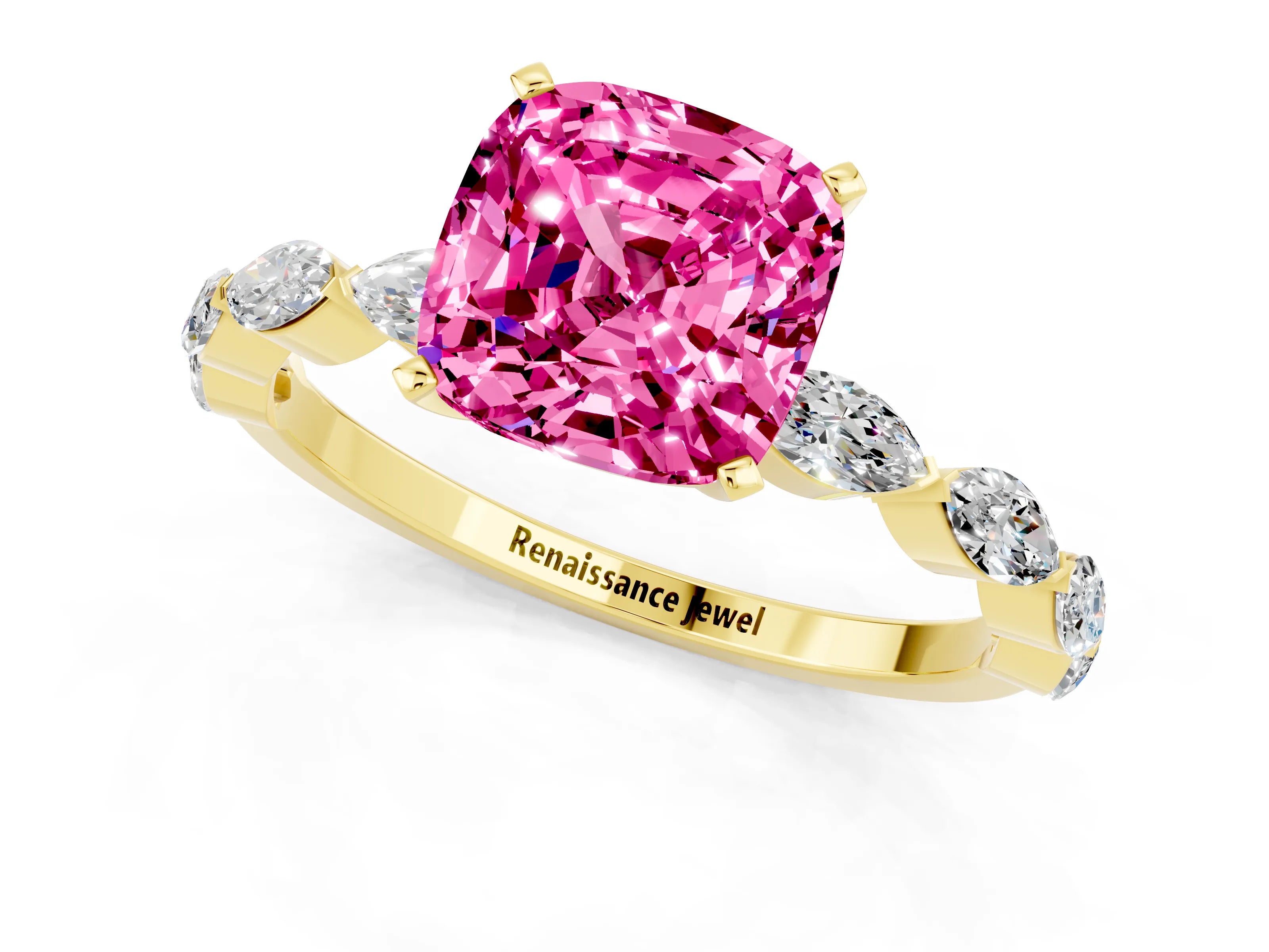 Yellow gold Cushion Cut Pink Sapphire Ring with Marquise Side Stones and Prong Setting_13