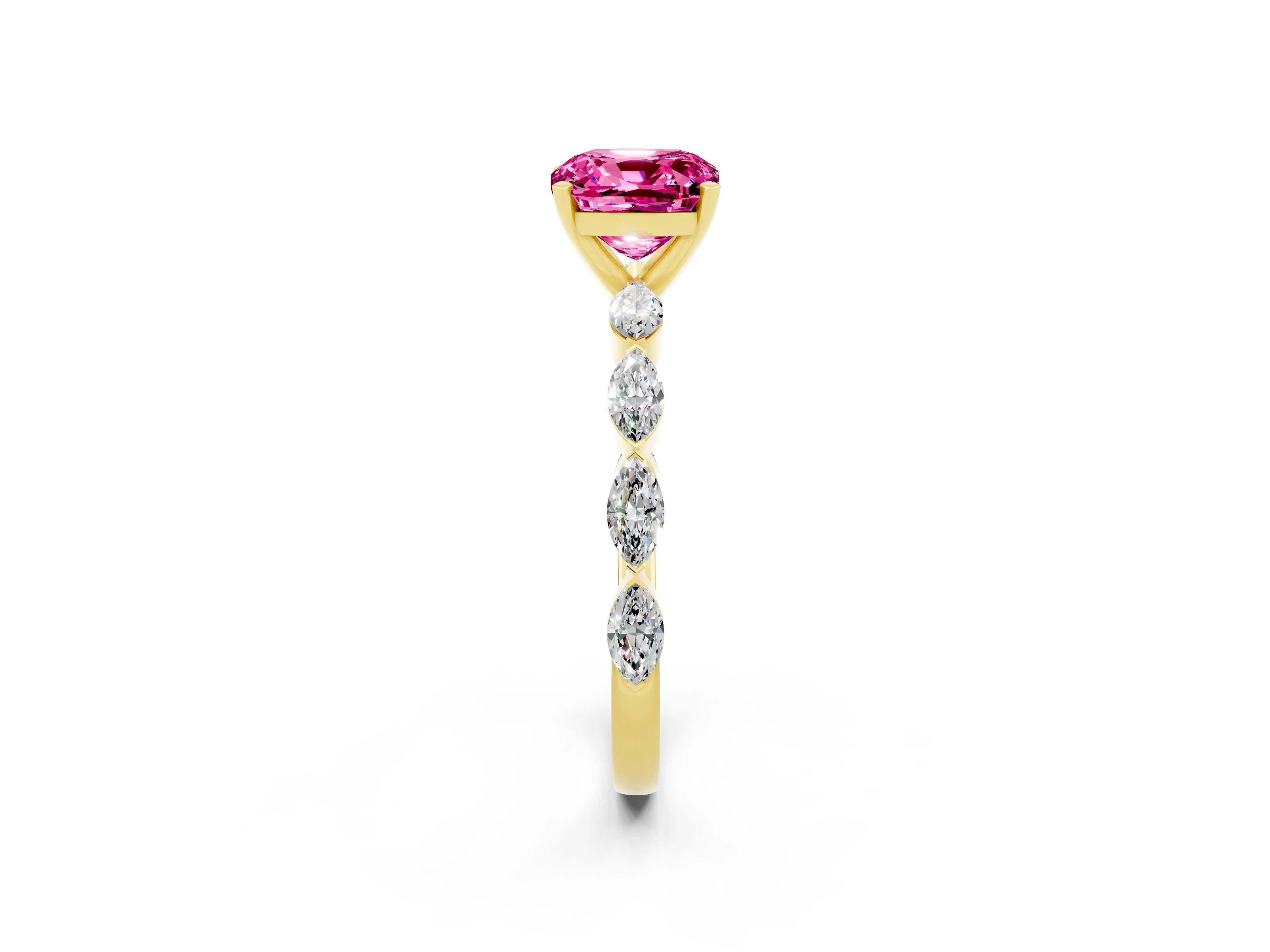 Yellow gold Cushion Cut Pink Sapphire Ring with Marquise Side Stones and Prong Setting_14