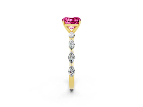 Yellow gold Cushion Cut Pink Sapphire Ring with Marquise Side Stones and Prong Setting_14