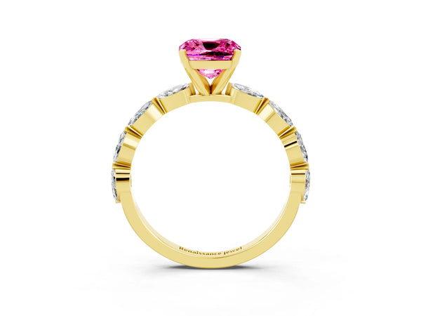 Yellow gold Cushion Cut Pink Sapphire Ring with Marquise Side Stones and Prong Setting