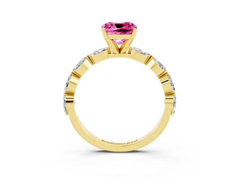 Yellow gold Cushion Cut Pink Sapphire Ring with Marquise Side Stones and Prong Setting_15