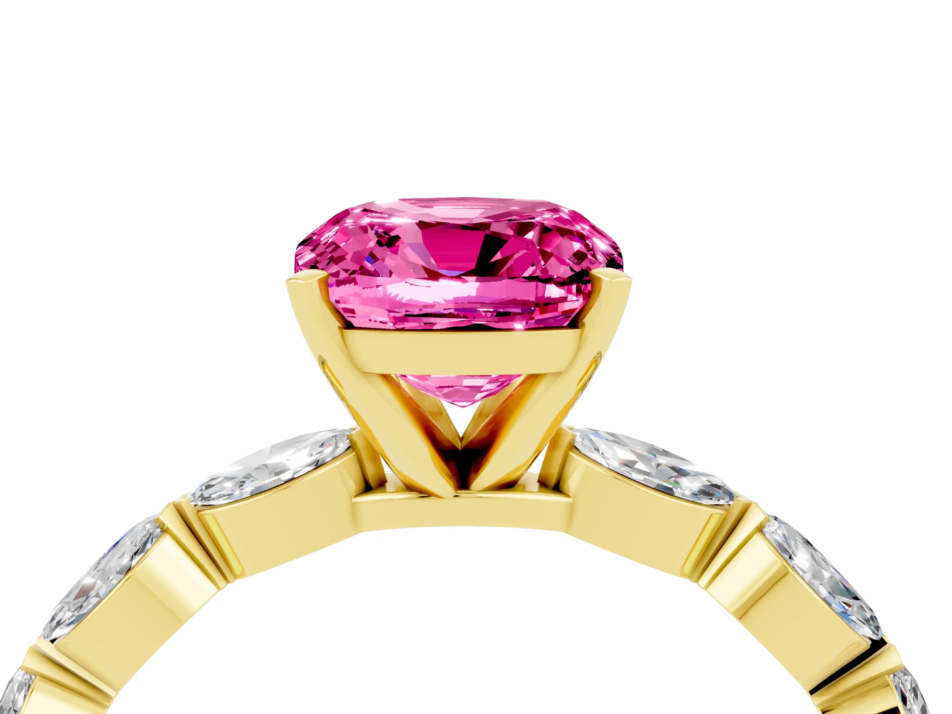 Yellow gold Cushion Cut Pink Sapphire Ring with Marquise Side Stones and Prong Setting_16