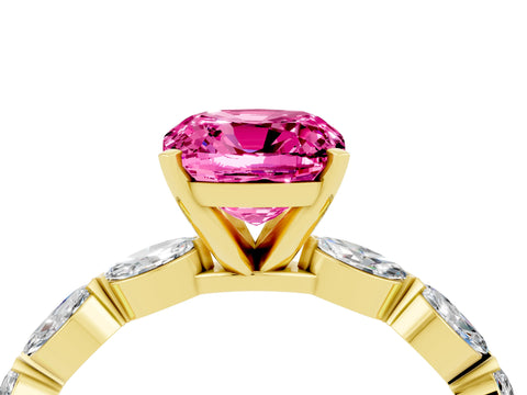 Yellow gold Cushion Cut Pink Sapphire Ring with Marquise Side Stones and Prong Setting_16