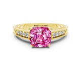 Yellow gold Cushion Cut Pink Sapphire Ring with Milgrain Pavé Band and Four-Prong Setting_36