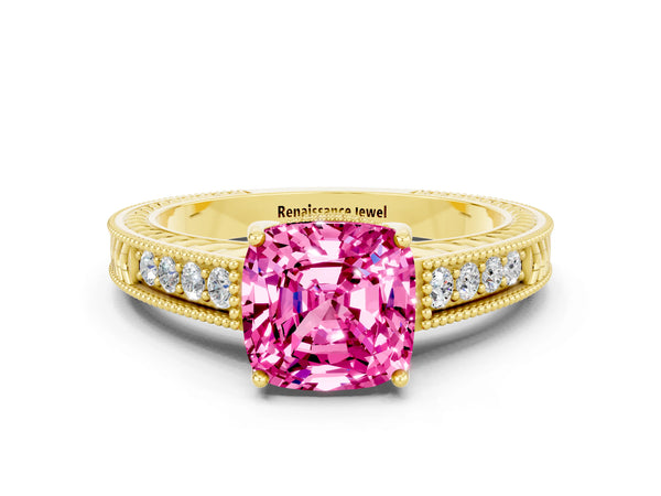 Yellow gold Cushion Cut Pink Sapphire Ring with Milgrain Pavé Band and Four-Prong Setting