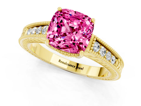Yellow gold Cushion Cut Pink Sapphire Ring with Milgrain Pavé Band and Four-Prong Setting_37