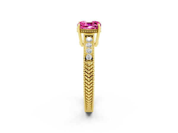 Yellow gold Cushion Cut Pink Sapphire Ring with Milgrain Pavé Band and Four-Prong Setting
