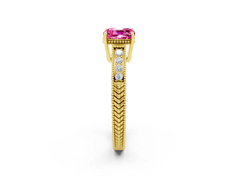 Yellow gold Cushion Cut Pink Sapphire Ring with Milgrain Pavé Band and Four-Prong Setting_38