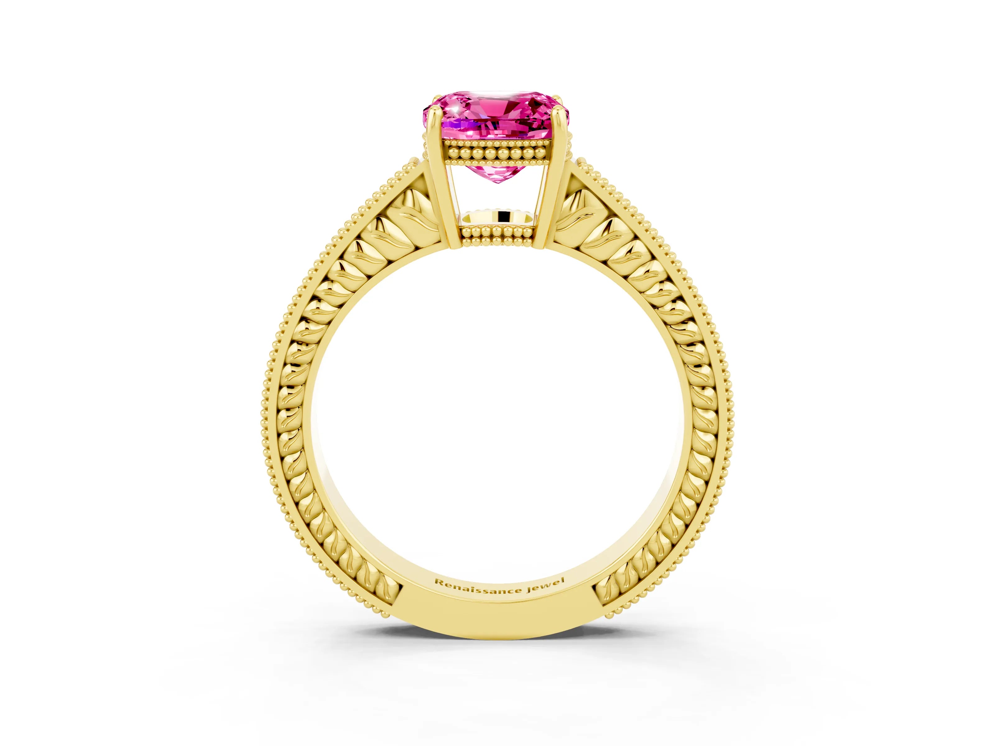 Yellow gold Cushion Cut Pink Sapphire Ring with Milgrain Pavé Band and Four-Prong Setting_39