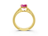 Yellow gold Cushion Cut Pink Sapphire Ring with Milgrain Pavé Band and Four-Prong Setting_39