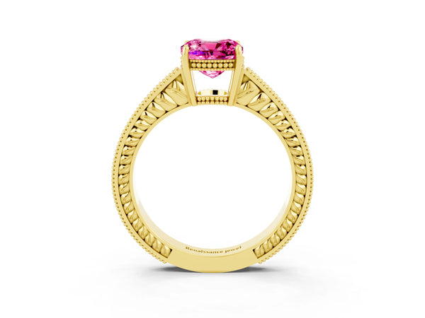 Yellow gold Cushion Cut Pink Sapphire Ring with Milgrain Pavé Band and Four-Prong Setting