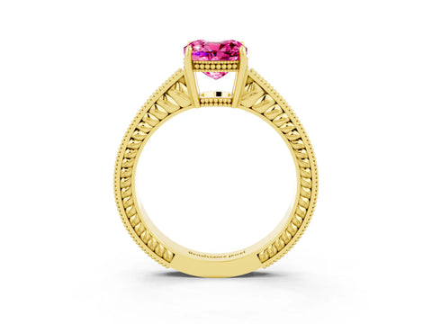 Yellow gold Cushion Cut Pink Sapphire Ring with Milgrain Pavé Band and Four-Prong Setting_39
