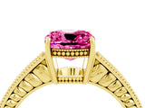 Yellow gold Cushion Cut Pink Sapphire Ring with Milgrain Pavé Band and Four-Prong Setting_40