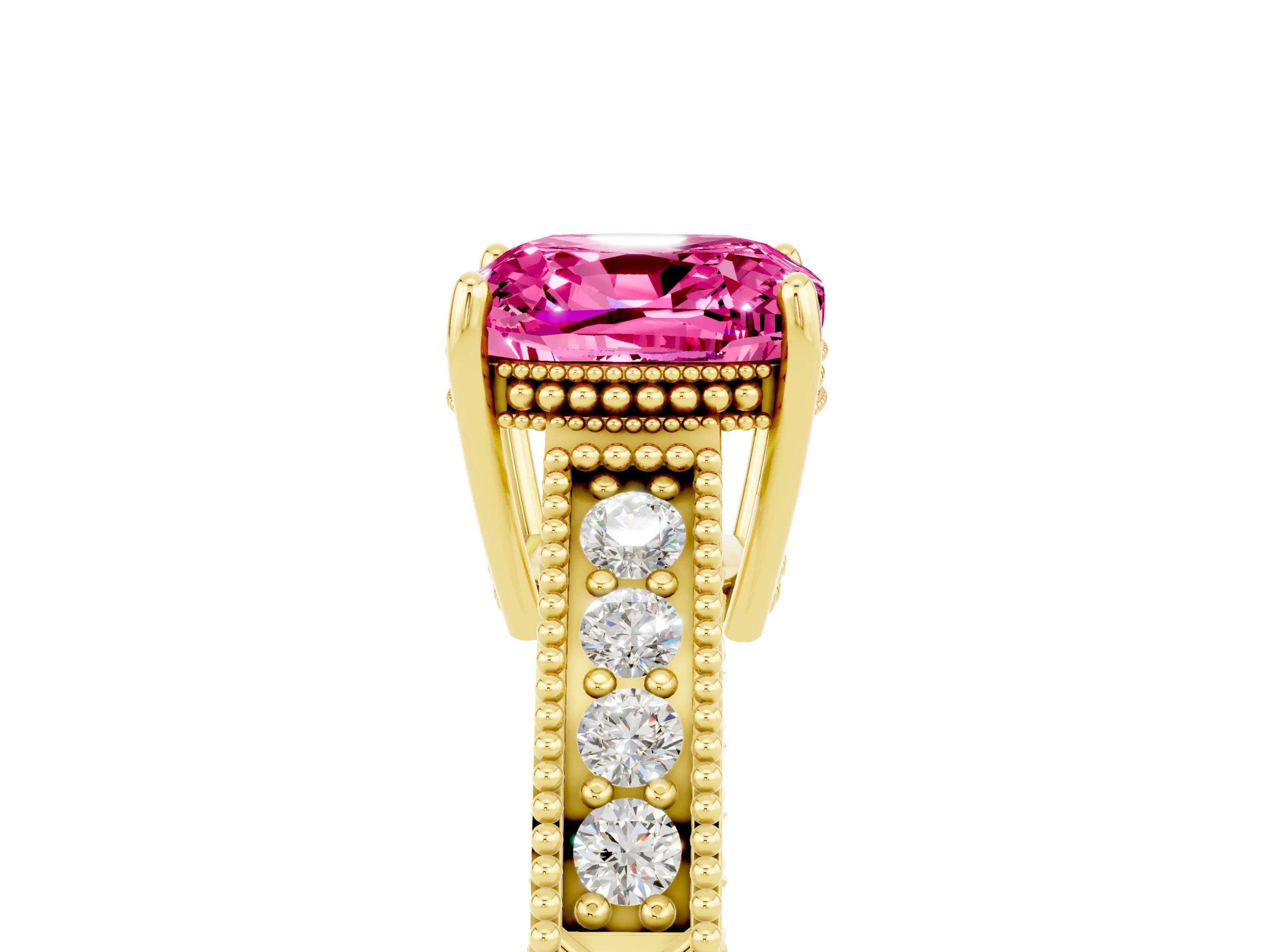 Yellow gold Cushion Cut Pink Sapphire Ring with Milgrain Pavé Band and Four-Prong Setting_41