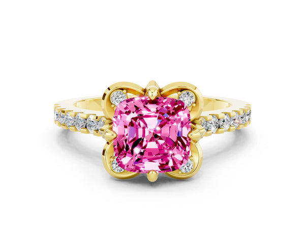 Yellow gold Cushion Cut Pink Sapphire Ring with Pavé Band and Floral Prong Setting