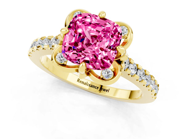 Yellow gold Cushion Cut Pink Sapphire Ring with Pavé Band and Floral Prong Setting