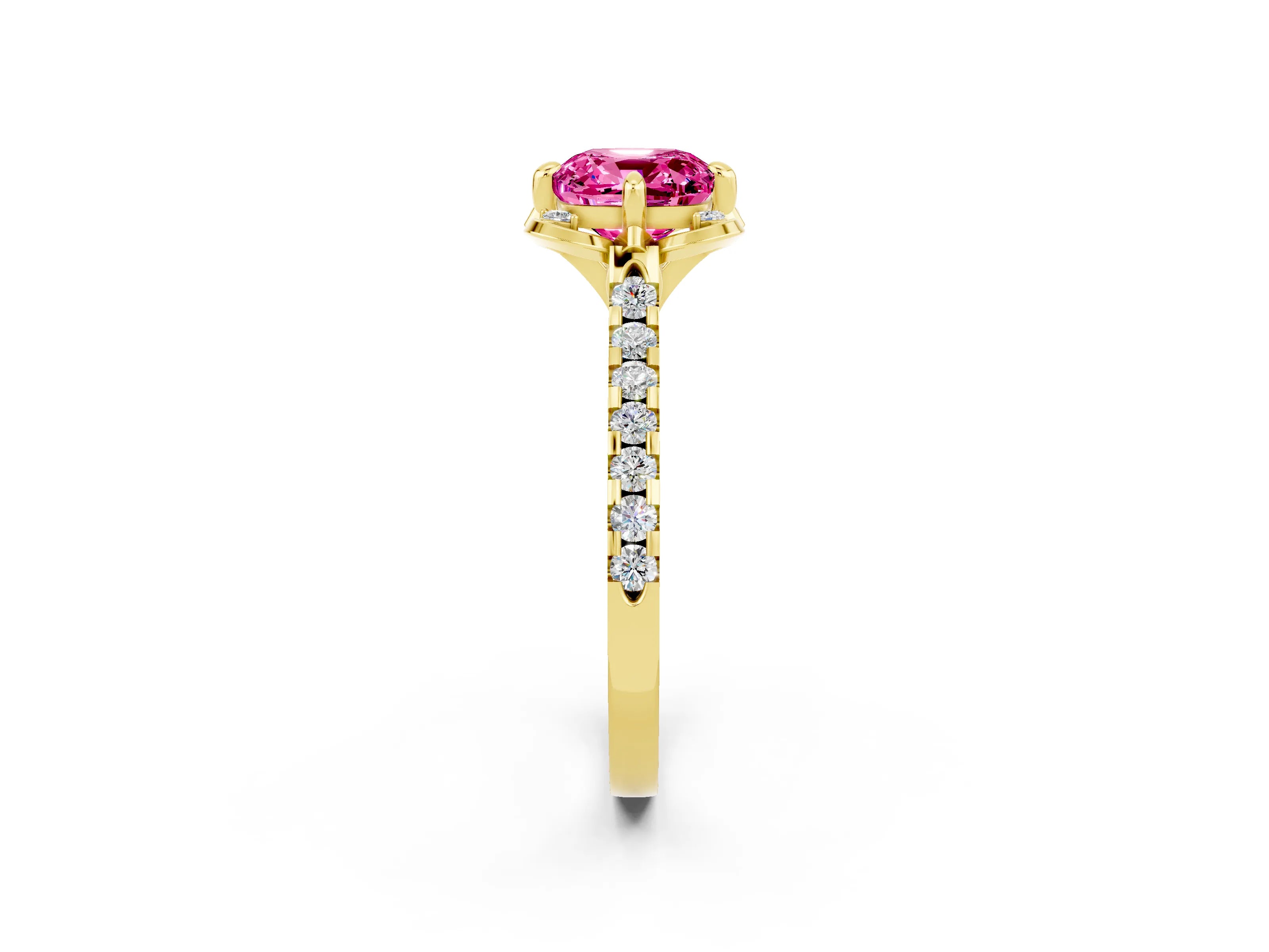 Yellow gold Cushion Cut Pink Sapphire Ring with Pavé Band and Floral Prong Setting_2