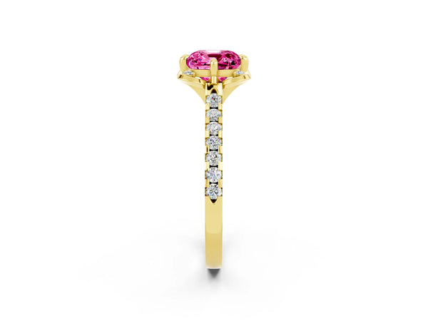 Yellow gold Cushion Cut Pink Sapphire Ring with Pavé Band and Floral Prong Setting