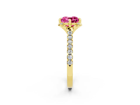 Yellow gold Cushion Cut Pink Sapphire Ring with Pavé Band and Floral Prong Setting_2