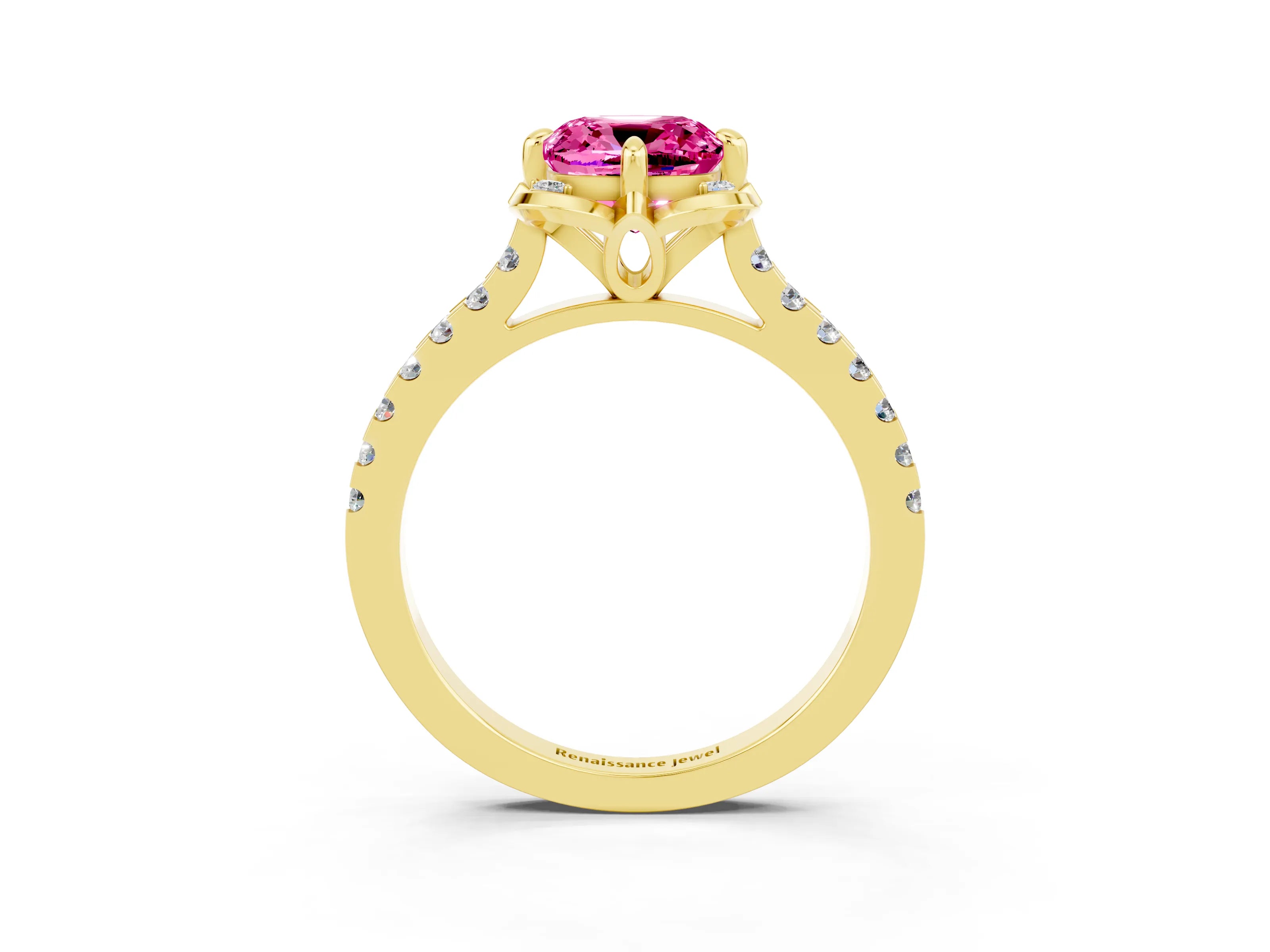 Yellow gold Cushion Cut Pink Sapphire Ring with Pavé Band and Floral Prong Setting_3
