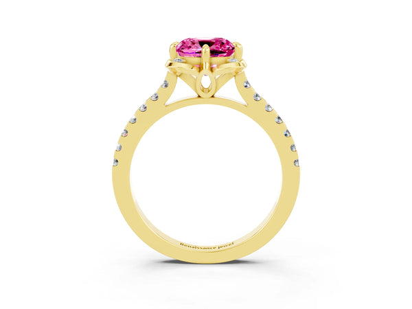 Yellow gold Cushion Cut Pink Sapphire Ring with Pavé Band and Floral Prong Setting