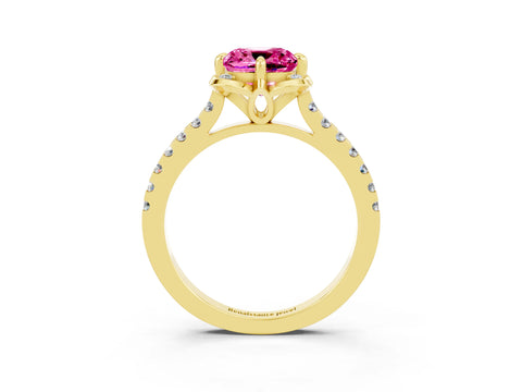 Yellow gold Cushion Cut Pink Sapphire Ring with Pavé Band and Floral Prong Setting_3
