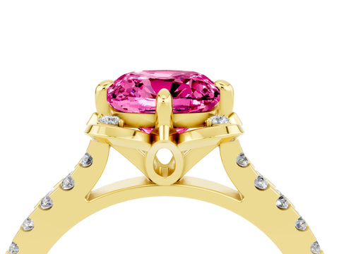 Yellow gold Cushion Cut Pink Sapphire Ring with Pavé Band and Floral Prong Setting_4