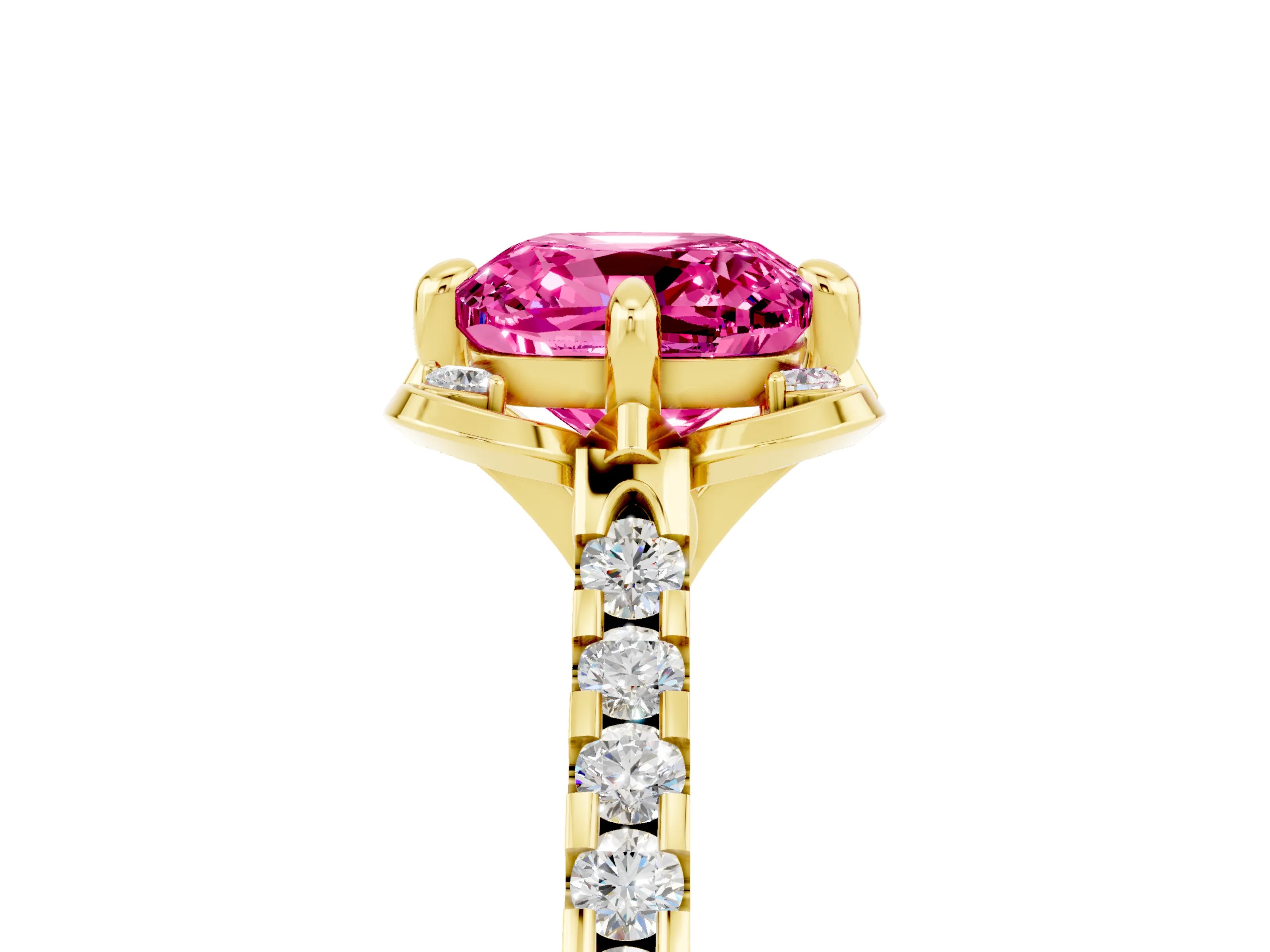 Yellow gold Cushion Cut Pink Sapphire Ring with Pavé Band and Floral Prong Setting_5