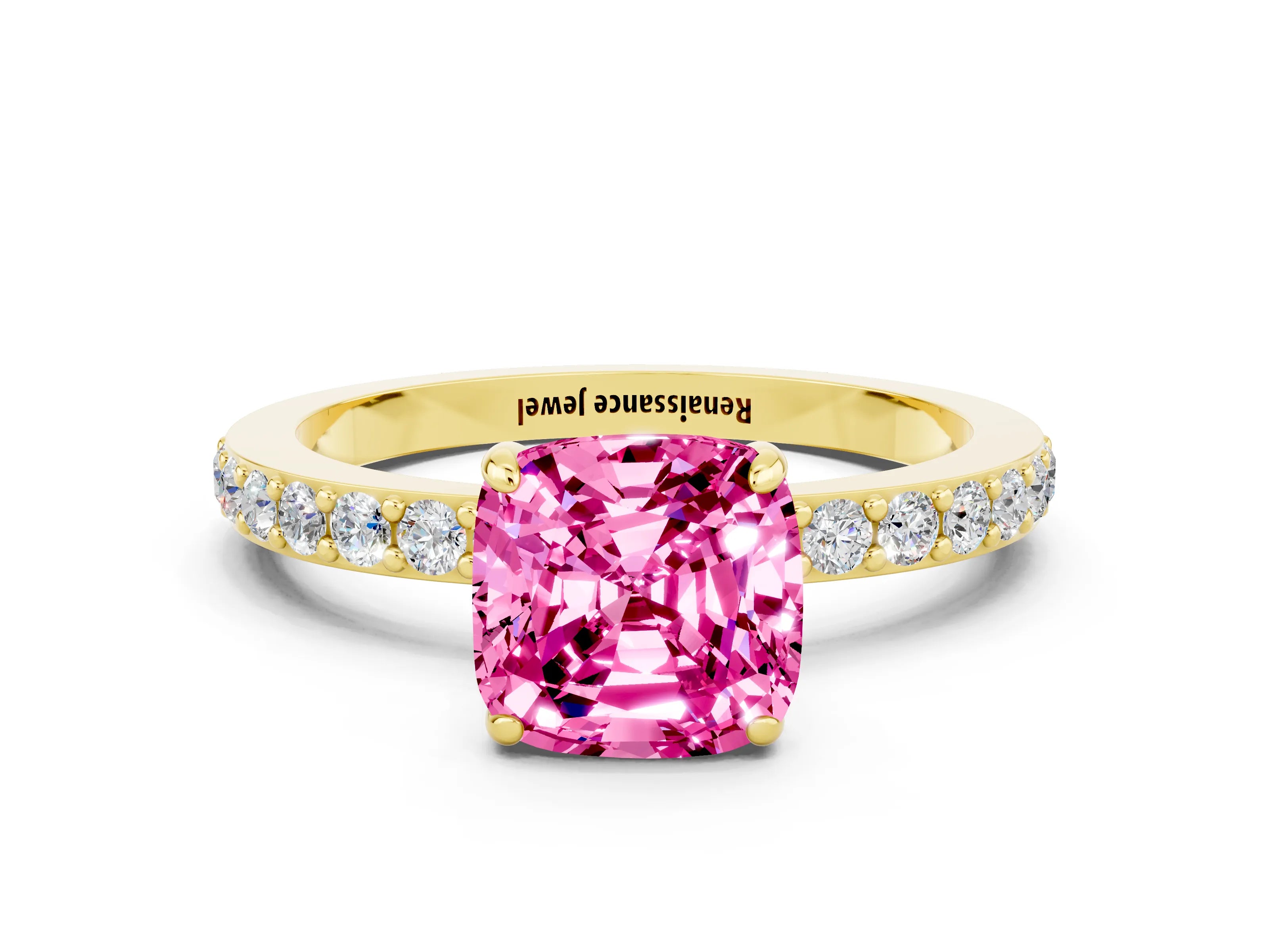 Yellow gold Cushion Cut Pink Sapphire Ring with Pavé Band and Four-Prong Setting_24