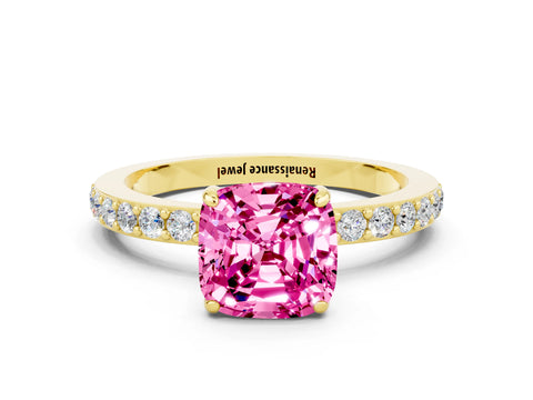 Yellow gold Cushion Cut Pink Sapphire Ring with Pavé Band and Four-Prong Setting_24