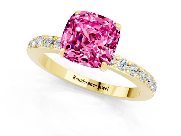 Yellow gold Cushion Cut Pink Sapphire Pavé Engagement Ring with Round  Accents and Prong Setting