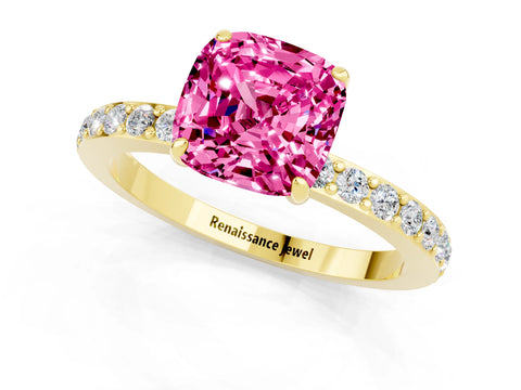 Yellow gold Cushion Cut Pink Sapphire Ring with Pavé Band and Four-Prong Setting_25
