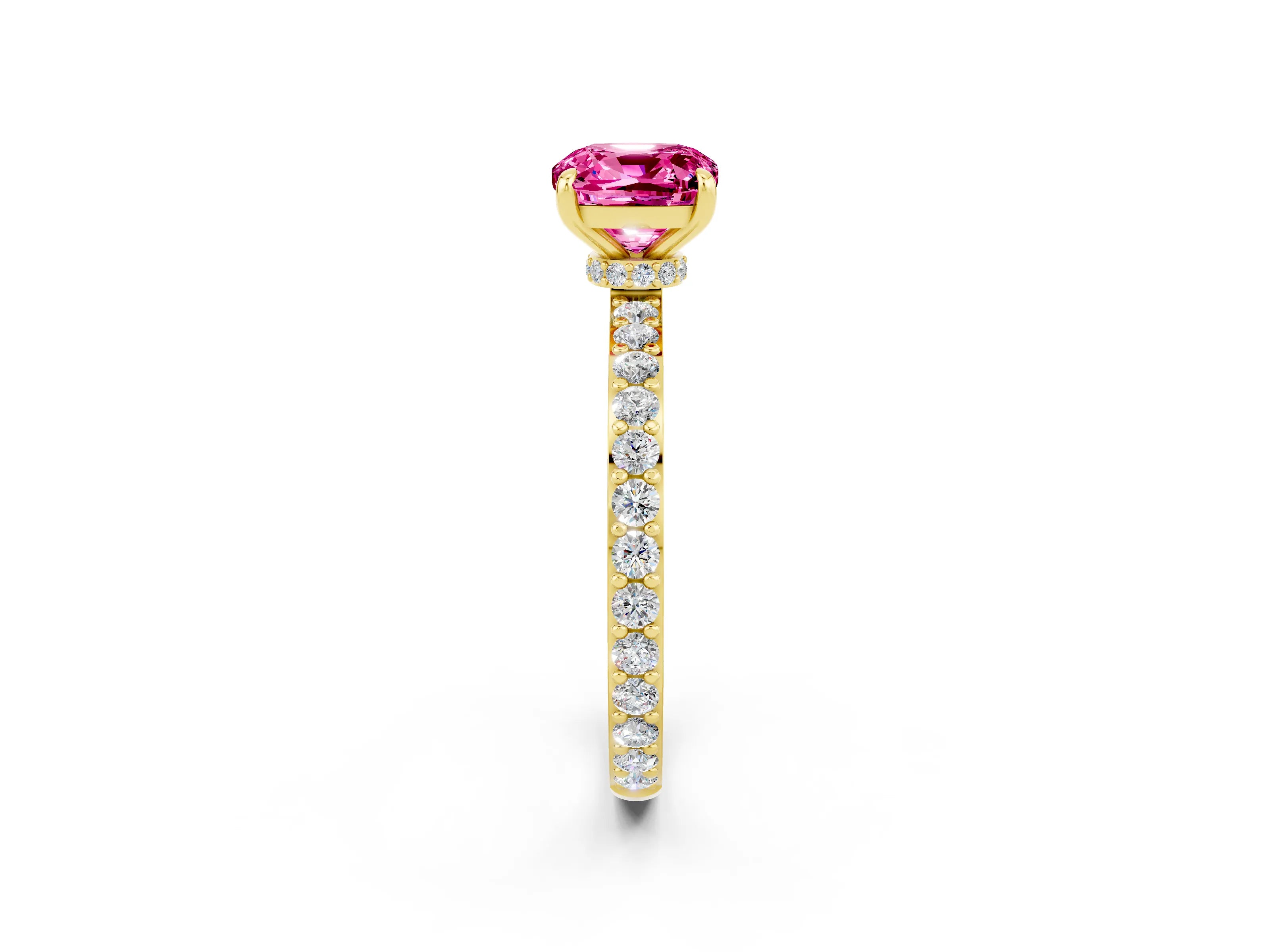 Yellow gold Cushion Cut Pink Sapphire Ring with Pavé Band and Four-Prong Setting_26