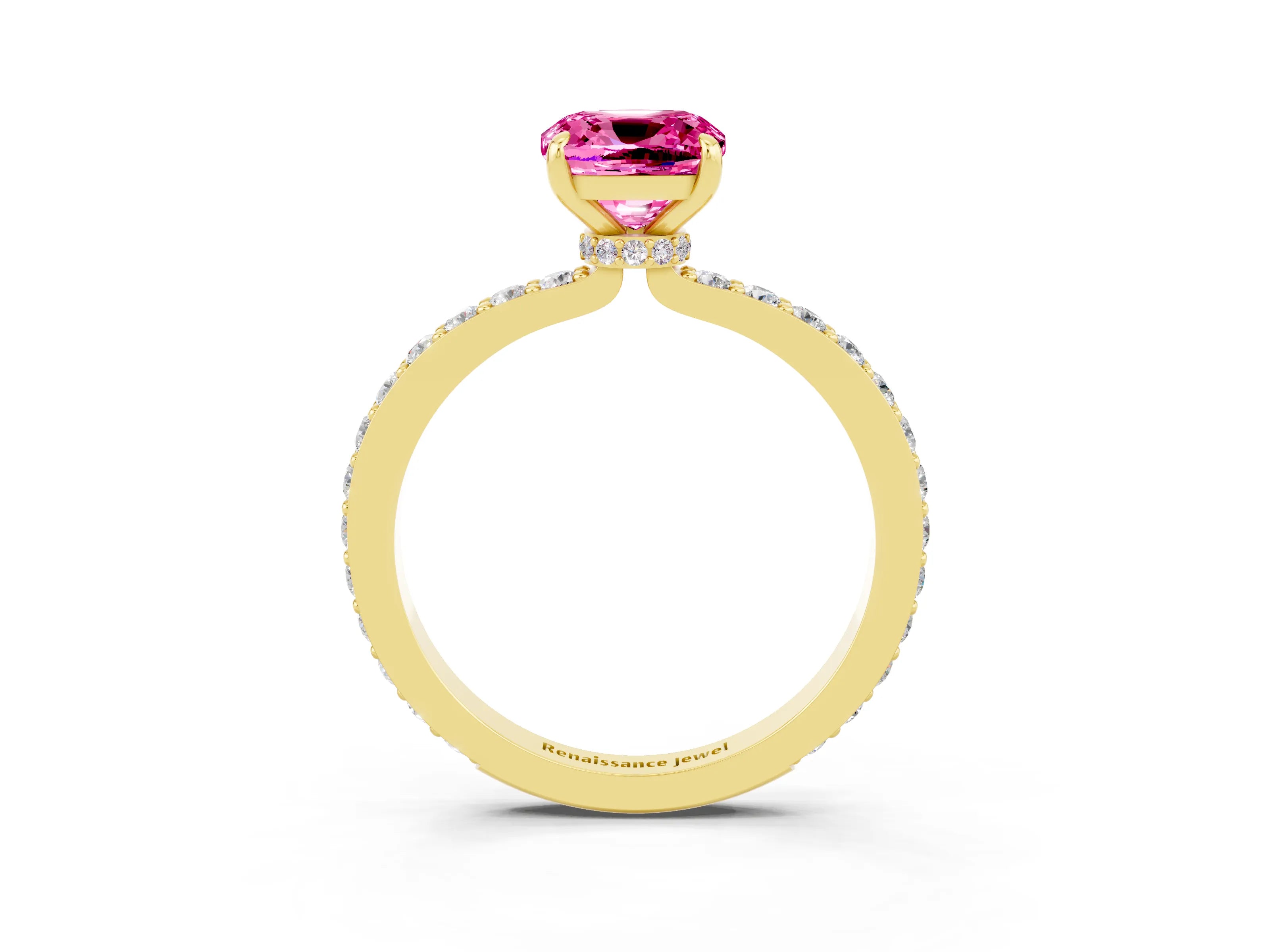 Yellow gold Cushion Cut Pink Sapphire Ring with Pavé Band and Four-Prong Setting_27