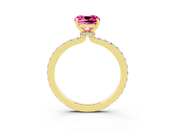 Yellow gold Cushion Cut Pink Sapphire Pavé Engagement Ring with Round  Accents and Prong Setting