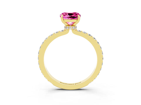Yellow gold Cushion Cut Pink Sapphire Ring with Pavé Band and Four-Prong Setting_27