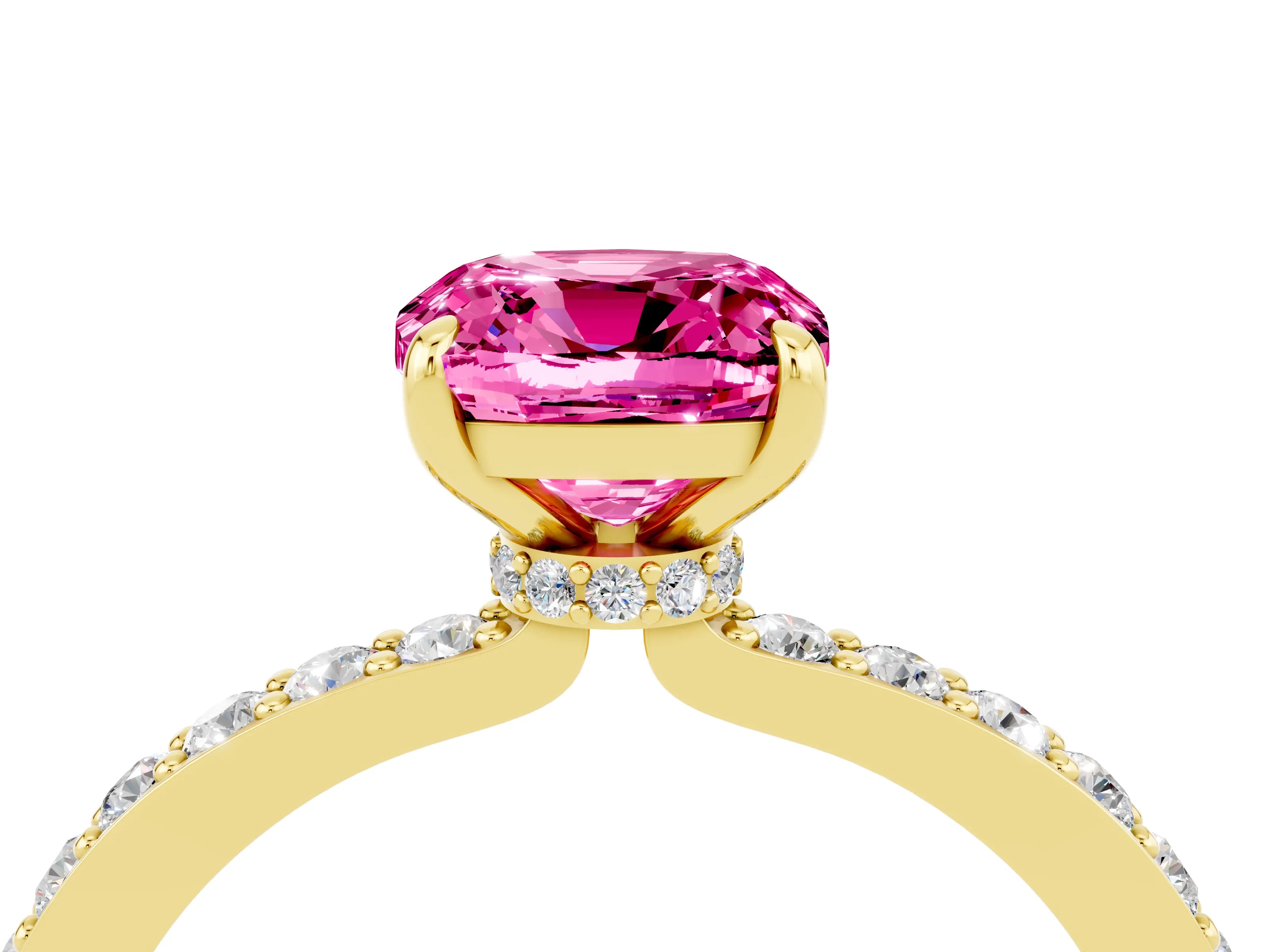Yellow gold Cushion Cut Pink Sapphire Ring with Pavé Band and Four-Prong Setting_28