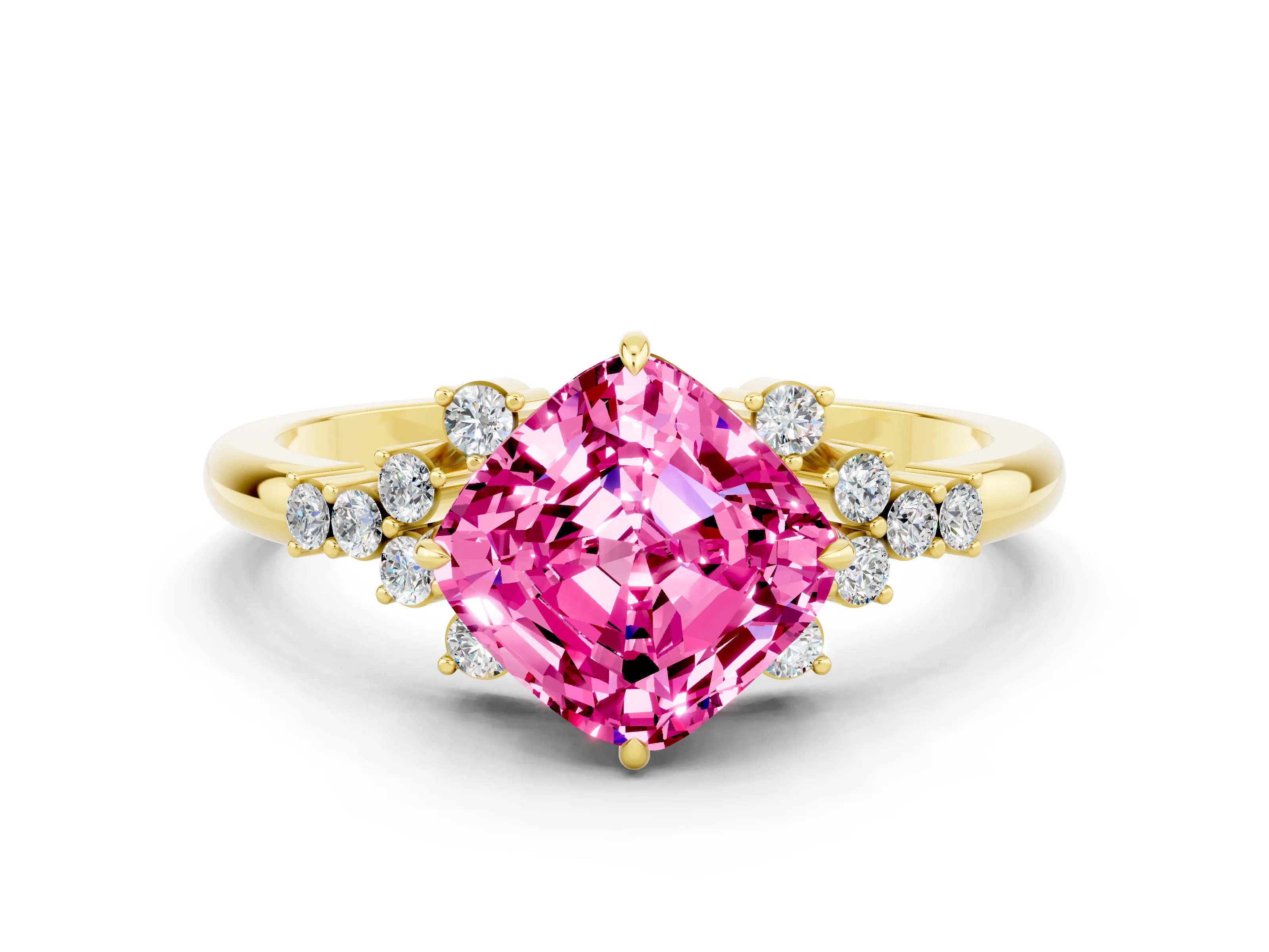 Yellow gold Cushion Cut Pink Sapphire Ring with Side Stones and Four-Prong Setting_60
