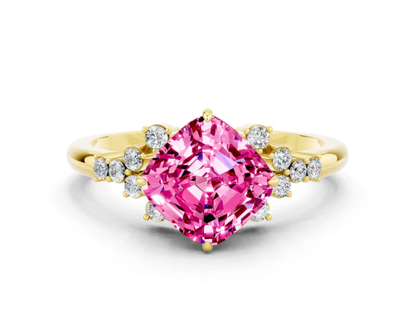 Yellow gold Cushion Cut Pink Sapphire Ring with Side Stones and Four-Prong Setting