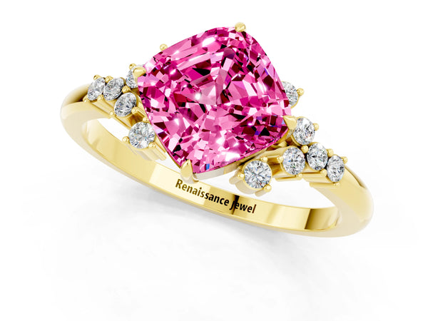 Yellow gold Cushion Cut Pink Sapphire Ring with Side Stones and Four-Prong Setting
