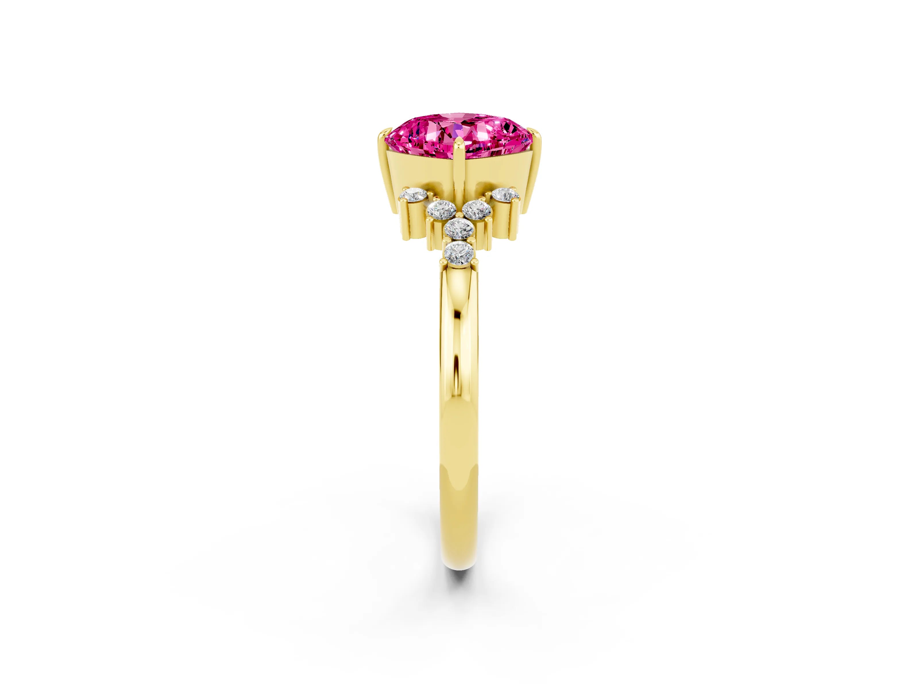 Yellow gold Cushion Cut Pink Sapphire Ring with Side Stones and Four-Prong Setting_62