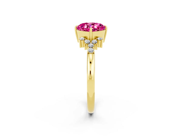 Yellow gold Cushion Cut Pink Sapphire Ring with Side Stones and Four-Prong Setting