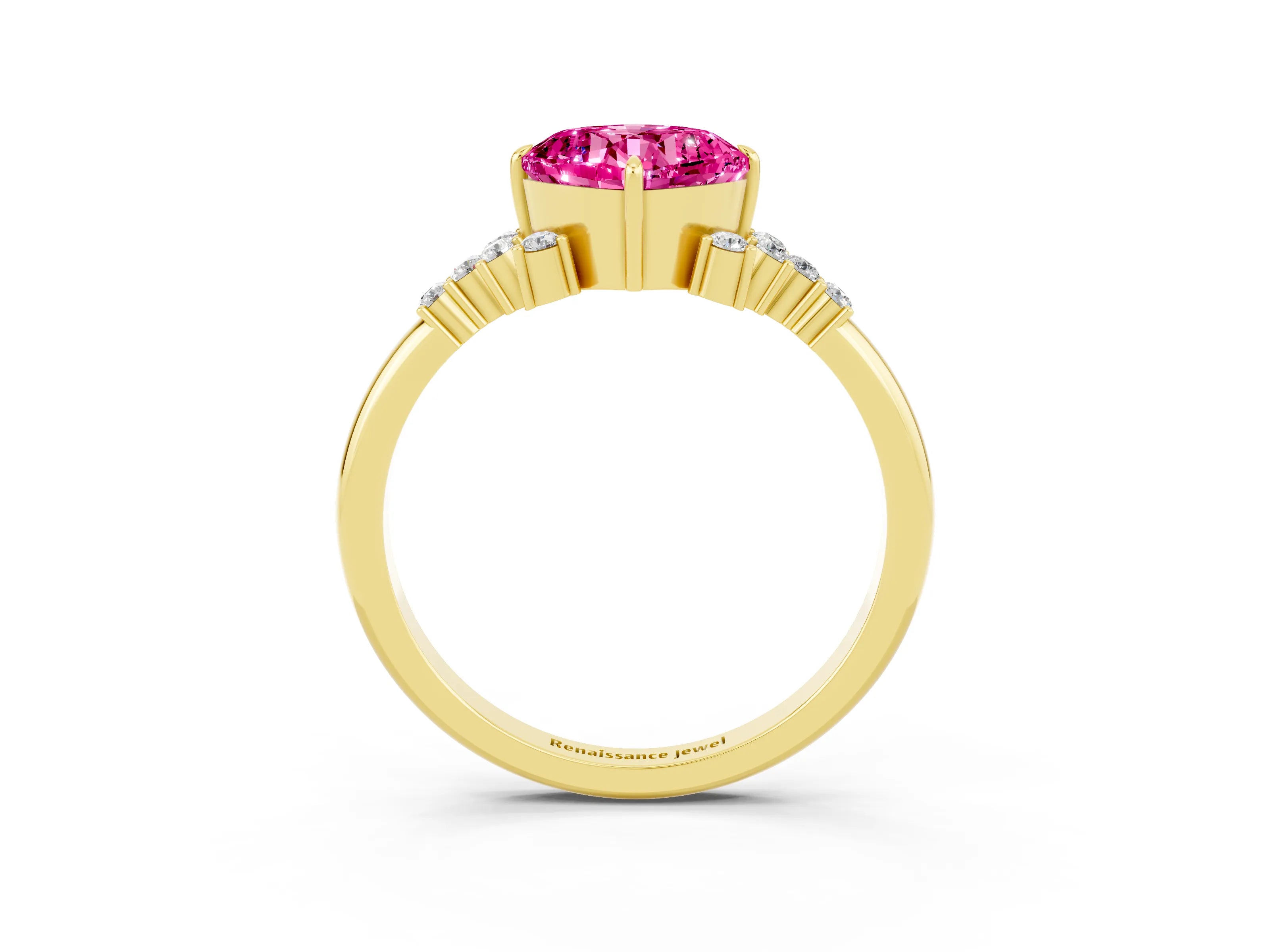 Yellow gold Cushion Cut Pink Sapphire Ring with Side Stones and Four-Prong Setting_63