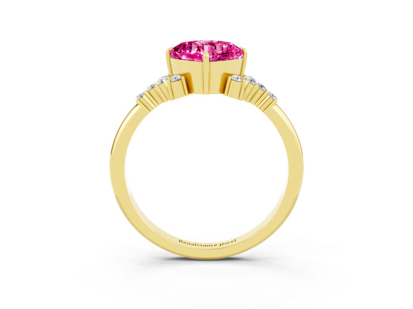 Yellow gold Cushion Cut Pink Sapphire Ring with Side Stones and Four-Prong Setting