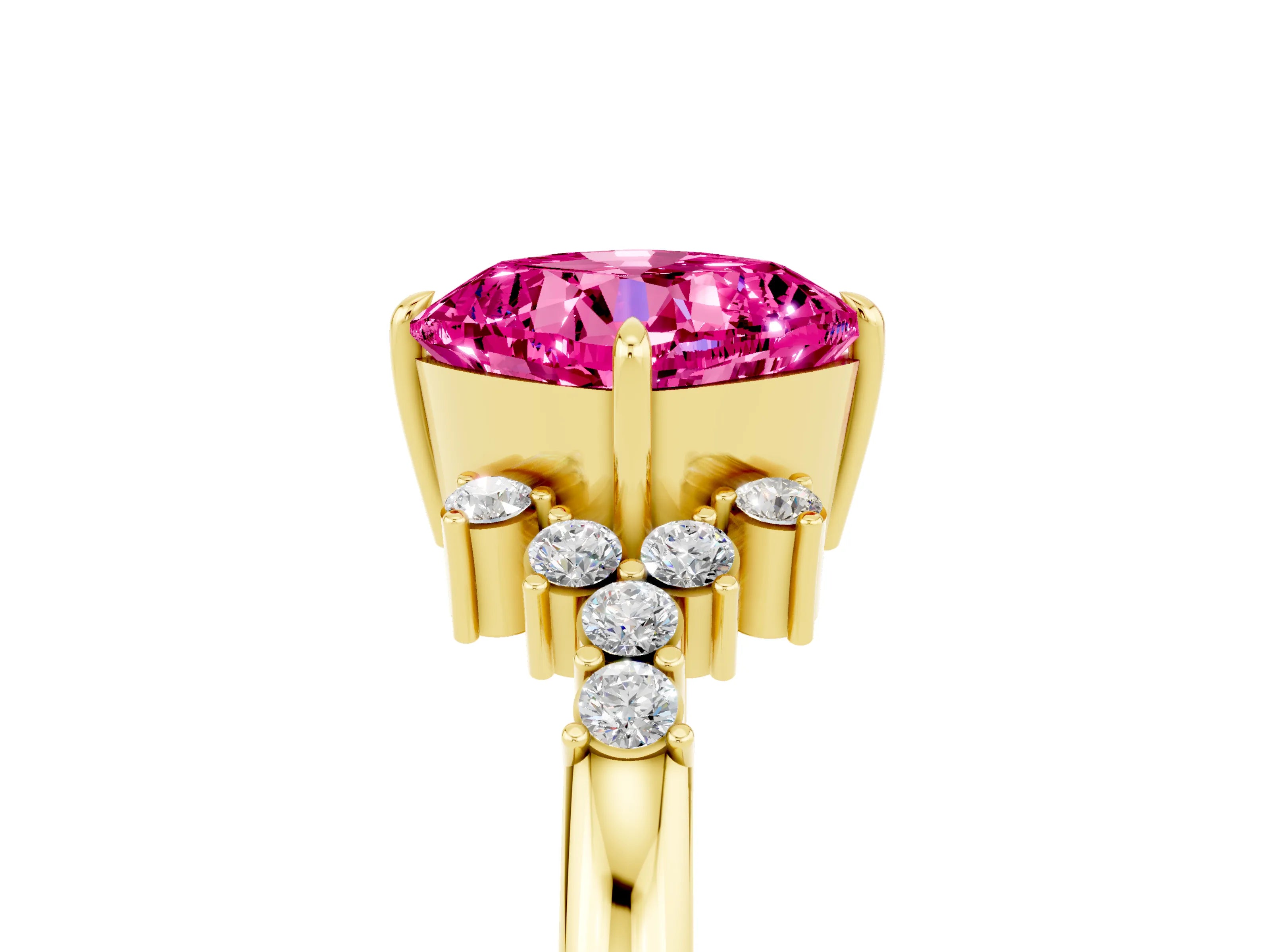 Yellow gold Cushion Cut Pink Sapphire Ring with Side Stones and Four-Prong Setting_65