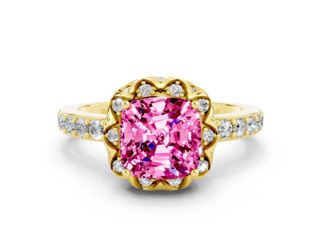 Yellow gold Cushion Cut Pink Sapphire Scalloped Halo Engagement Ring with Round Shared Prong Band_24