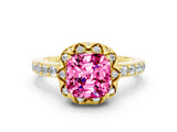 Yellow gold Cushion Cut Pink Sapphire Scalloped Halo Engagement Ring with Round Shared Prong Band_24