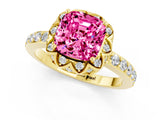 Yellow gold Cushion Cut Pink Sapphire Scalloped Halo Engagement Ring with Round Shared Prong Band_25