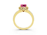 Yellow gold Cushion Cut Pink Sapphire Scalloped Halo Engagement Ring with Round Shared Prong Band_27