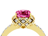 Yellow gold Cushion Cut Pink Sapphire Scalloped Halo Engagement Ring with Round Shared Prong Band_28